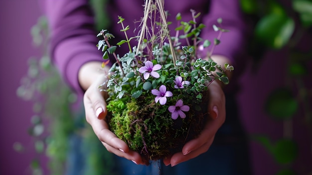 Manos de mujeres sosteniendo Kokedama con flores una práctica botánica tradicional japonesa