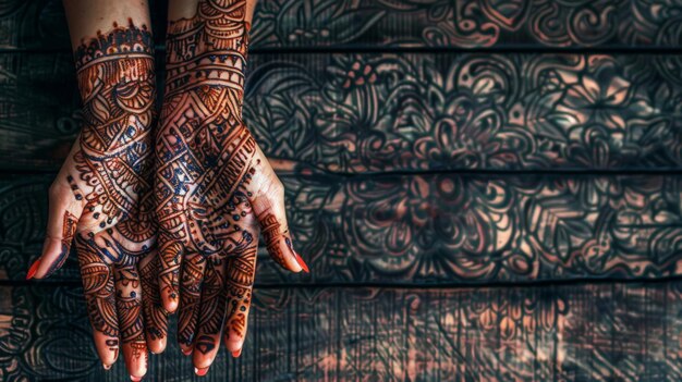 Las manos de las mujeres con tatuajes de henna