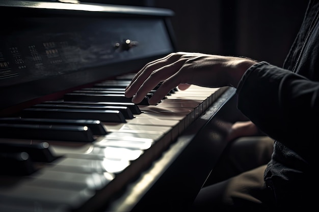 Manos del músico en el teclado del piano Instrumento de música clásica IA generativa