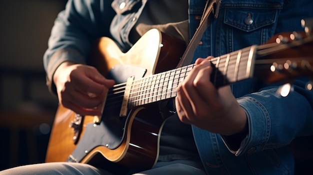 Las manos del músico tocando la guitarra de cerca