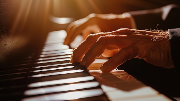 Las manos de un músico tocando el piano capturando la emoción y la pasión por la música
