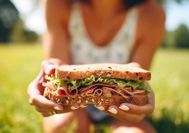 Manos de niña con sándwich saludable en el picnic del parqueAI Generative