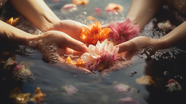 Foto manos de niñas dejando flores sagradas en el agua