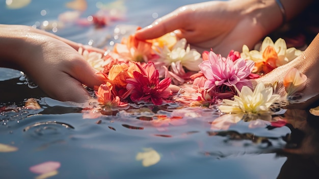Manos de niñas liberando flores sagradas en el agua