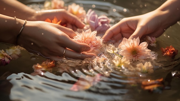 Manos de niñas liberando flores sagradas en el agua