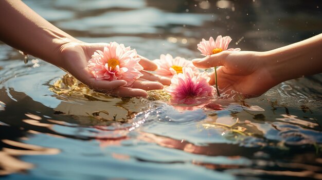 Manos de niñas liberando flores sagradas en el agua