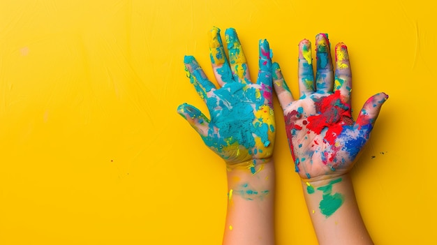 Foto manos de niño en colores de holi para el festival en fondo amarillo con espacio de copia