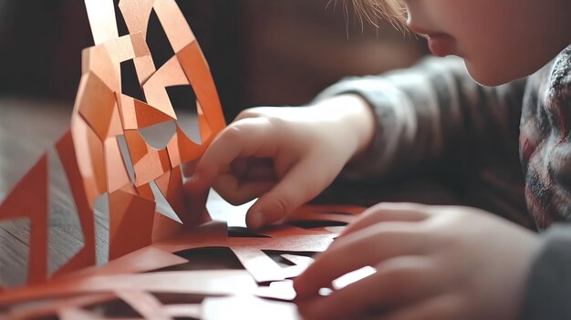Las manos de un niño creando un collage a partir de formas de papel recortado