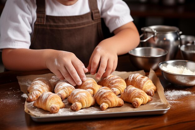 Las manos de un niño moldeando la masa en croissants