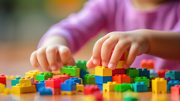 Las manos de un niño pequeño jugando con bloques de construcción coloridos.