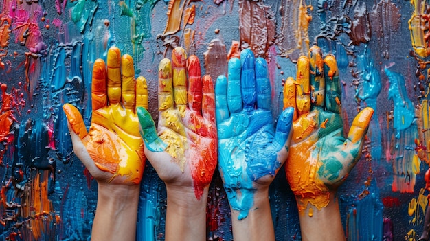 Foto las manos de los niños cubiertas de pintura de fondo multicolor