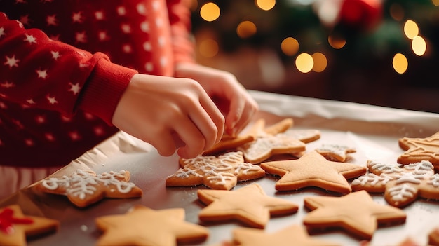 Las manos de los niños decoran las galletas de Navidad Feliz Navidad y Feliz Año Nuevo