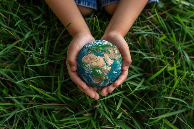 Las manos de los niños con un modelo del globo sobre un fondo de hierba verde