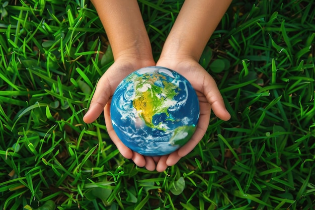 Manos de niños pequeños con un modelo del globo sobre un fondo de hierba