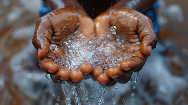 Las manos de los niños recogiendo agua limpia simbolizan el derecho de acceso