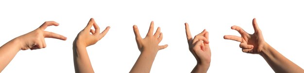 Las manos de los niños son divertidas, los dedos de los niños hacen signos, gestos adorables y torcidos, aislados sobre un fondo blanco.