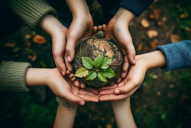 manos de niños sosteniendo una pequeña tierra verde