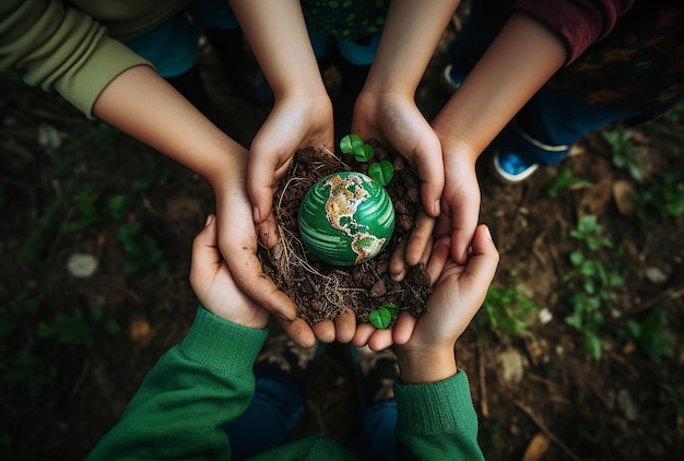 manos de niños sosteniendo una pequeña tierra verde