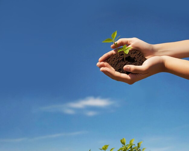 Las manos de los niños sosteniendo una plántula de árbol