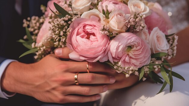 Foto manos de la novia y el novio con anillos en el bouquet de bodas