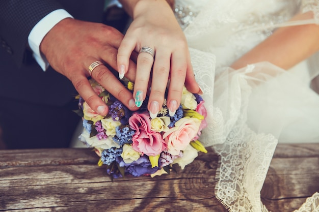 Manos de novios con anillos de boda