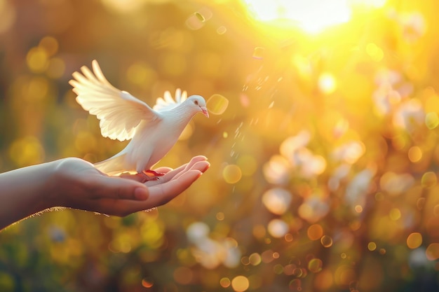 Foto manos orando paloma blanca volando al atardecer fondo esperanza libertad