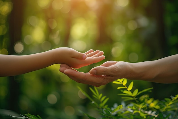 Manos de padres e hijos que se abrazan en el bosque verde Día de la Madre Concepto familiar