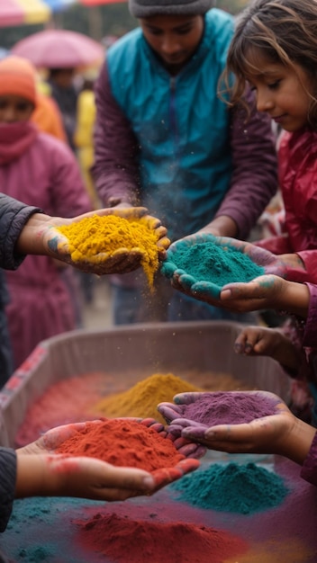 Manos Palmas de jóvenes cubiertas de púrpura amarillo rojo azul colores del festival de Holi aislados