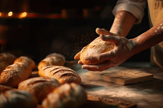 Foto las manos del panadero amassando pan fresco en un primer plano de la panadería