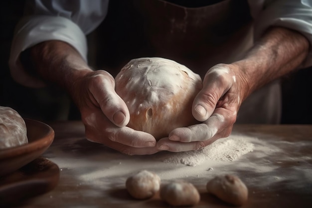 Las manos de los panaderos kneading la masa para el pan y la torta AI