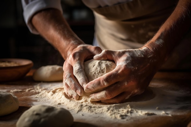Las manos de los panaderos kneading la masa para el pan y la torta AI