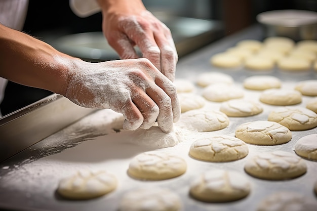 Manos de panaderos preparando un lote de galletas de azúcar