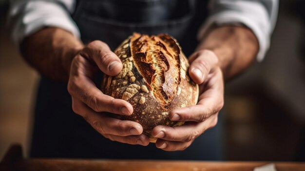 Las manos de los panaderos sosteniendo y presentando pan recién horneado