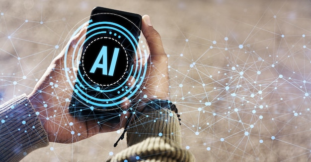 Manos de pantalla de teléfono y holograma de inteligencia artificial de desarrollo de software comunicación al aire libre y chat Persona en superposición de plexo de aplicación móvil o datos de IA para tecnología de información futurista
