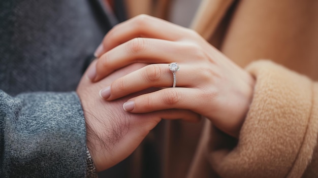 Foto manos de una pareja con un anillo de compromiso fotografía macro espacio de copia formato horizontal