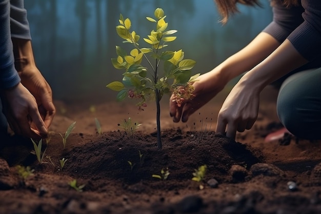 Las manos de una pareja están plantando un árbol.