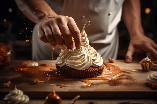 Las manos de los pasteleros crean postres artísticos