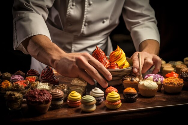 Foto las manos de los pasteleros crean postres artísticos