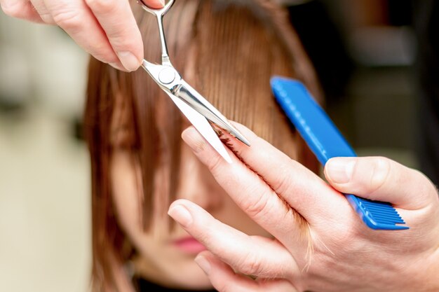 Manos de peluquero corta puntas de cabello de mujer en salón de belleza. Tonificado.