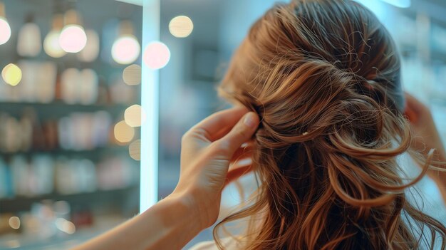 las manos de un peluquero están estilizando el cabello de una chica visto desde atrás