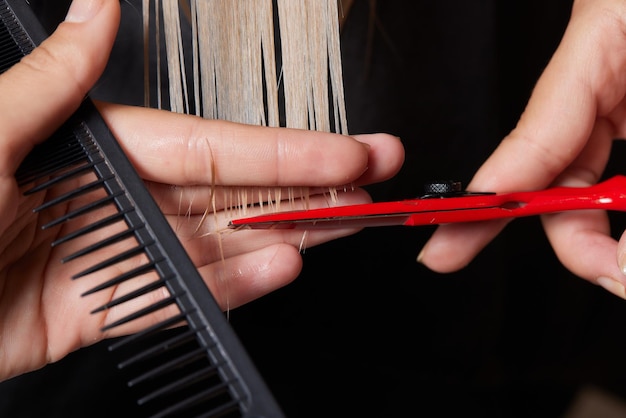 Manos de peluquero sostienen mechones de cabello entre sus dedos haciendo un corte de cabello largo de la joven con peine y tijeras en el salón de peluquería de cerca