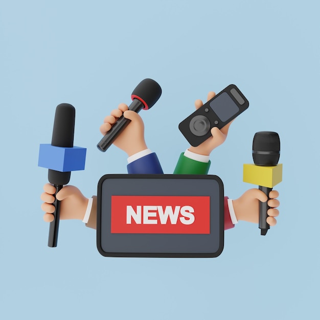 Manos de periodistas con micrófonos haciendo entrevistas Jornalistas Día Medios de comunicación noticias Televisión