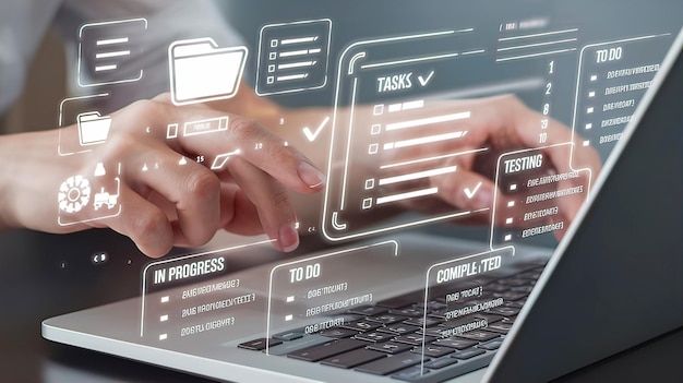 manos de una persona escribiendo activamente en una computadora portátil moderna fondo borroso vacío una serie de hologramas