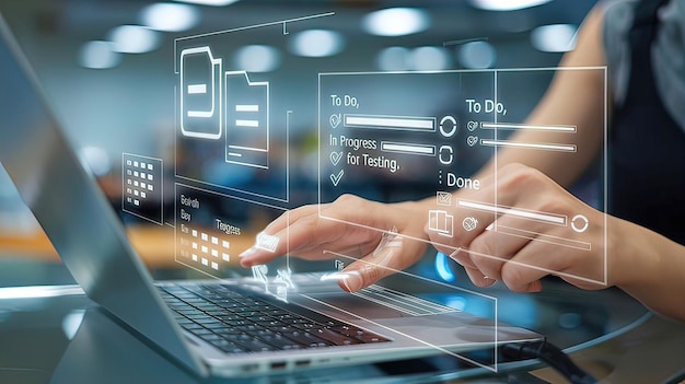 manos de una persona escribiendo activamente en una computadora portátil moderna fondo borroso vacío una serie de hologramas