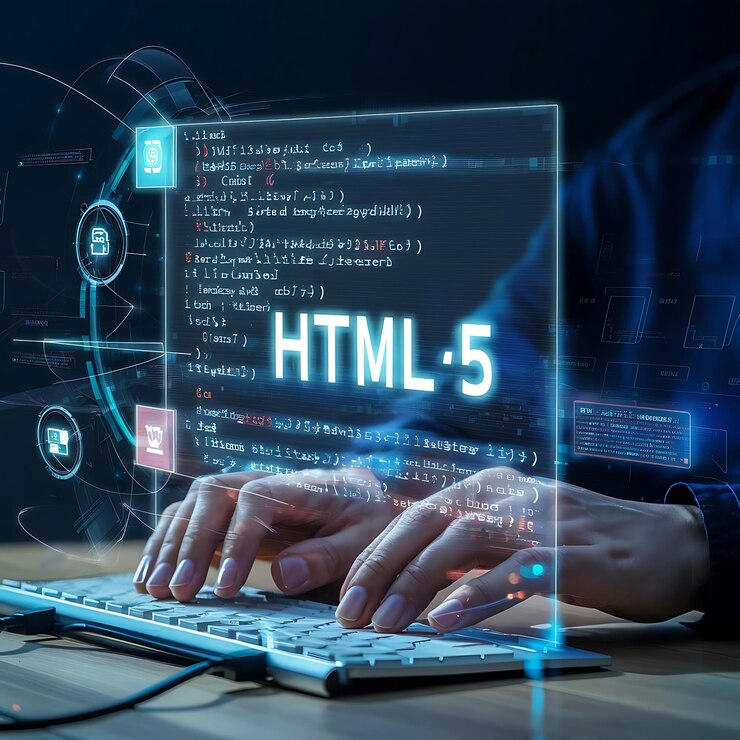 Foto las manos de una persona escribiendo en un teclado con una interfaz holográfica que proyecta elementos de codificación html5