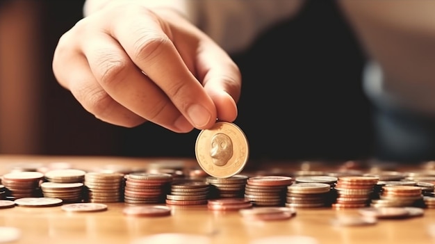 Las manos de una persona están poniendo una moneda sobre una mesa.