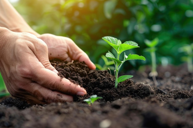 Las manos de una persona están sosteniendo una planta en la tierra