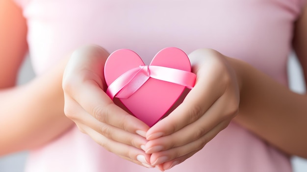 manos de una persona formando un corazón alrededor de una cinta rosa Concientización sobre el cáncer de mama