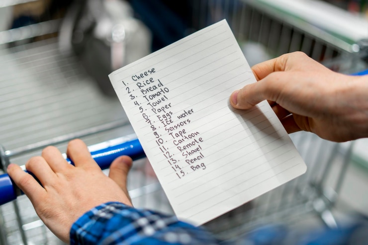 Foto manos de una persona sosteniendo una hoja de papel de la lista de compras y verificando la compra de productos en la tienda de comestibles