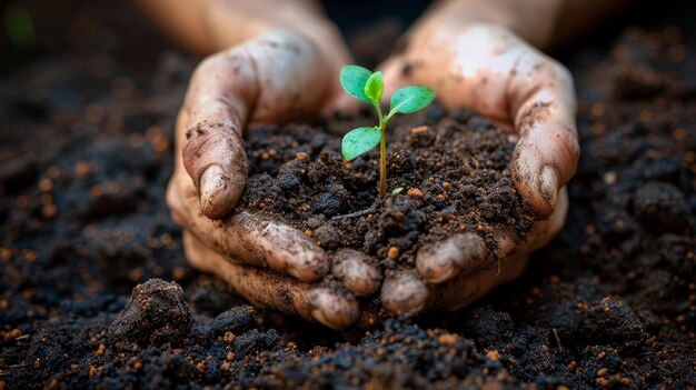 Las manos de una persona sosteniendo un pequeño árbol en el suelo